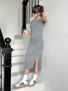 SHEIN Tienermeisjes Rib gebreide taille gerimpelde split casual jurk