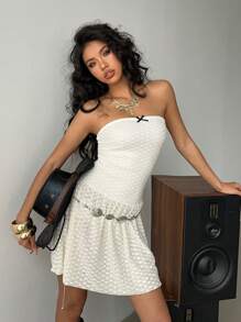 SHEIN Essnce 2025 Summer Essentials For Women - Beige Lace Bandeau Strapless White Mini Dress With Bow Detail & Bubble Hem, Casual Chic Day To Night Outfits, Versatile Beachwear & Street Style Dress, Summer Vacation Outfits For Date Nights, Pool Parties, Daily Wear