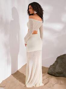Opulessa 2 pièces/Set Hauts court à manches longues et épaules dénudées avec jupe sirène ourlet pour femme. Tenue de plage pour femme, maillots de bain sexy, robes sexy pour femme, ensemble deux pièces pour femme, tissu texturé, crochet texturé, élégant, vacances