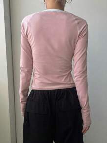 DAZY 字母图案撞色绑带 T 恤长袖女式上衣，秋季女装 - 粉色 - 查看 2