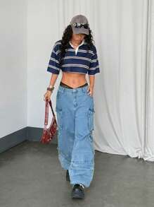 StreetHx 女式修身条纹撞色 Polo 领 T 恤，春/秋