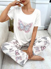 SHEIN Fashion Butterfly Placement Print Short Sleeve Top And Pants Set Bridallingerie - White - View 7