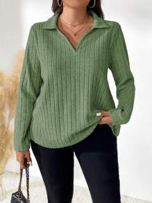 SHEIN LUNE Plus Size Women Solid Color Polo Collar Long Sleeve Ribbed Casual T-Shirt