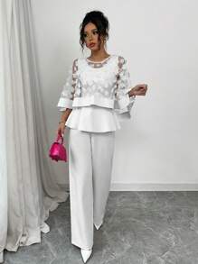 Elenzga 2pcs Set Women Standard Size Crew Neck Butterfly Cape Decor Mesh Panel Top And Solid Color Straight Pants - White - View 4