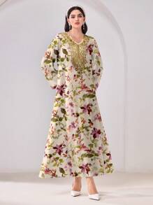 Al Najma 休闲简约全印花保守阿拉伯风格连衣裙，端庄 - 白色 - 查看 4