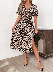 SHEIN Clasi Women's Leopard Print Short Sleeve Ruched Midi Dress, Spring/Summer