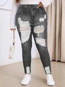 SHEIN LUNE Plus Size Simulated Denim Effect Skinny Leggings Fall Clothes Winter Clothes - Grey - View 1
