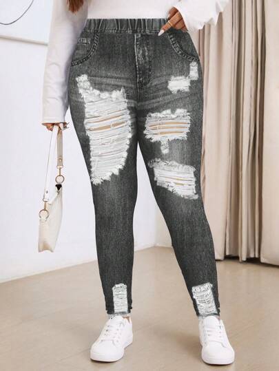 SHEIN LUNE Plus Size Simulated Denim Effect Skinny Leggings Fall Clothes Winter Clothes
