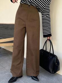 DAZY Women Wide Leg Pants With Pockets And Snap Leg Hem, Solid Color, Loose Fit - Brown - View 3