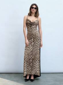 Maija Vestido de mujer con diseño de escote profundo, espalda cruzada ajustable y estampado de leopardo en la parte delantera y trasera, elegante y versátil, apropiado para principios de primavera y primavera