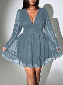 Viva Relle Plus Size Women Deep V-Neck Long Sleeve Ruffle Hem Sexy Dress - Dusty Blue - View 7
