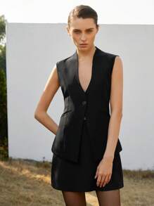 SHEIN Privé Conjunto de falda y blusa de estilo ceñido con cuello en V sin mangas, cintura entallada y diseño de abertura, estilo de uso diario para mujeres - Negro - Ver 5