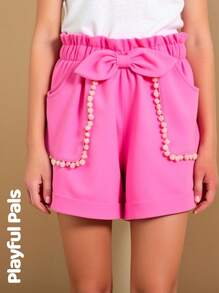 SHEIN Girls' Casual Polka Dot Print Floral Trim Ruffle Hem Elastic Waist Shorts With Pockets, Lightweight Cotton Blend Fabric, Adorable Design Lace - Pink - View 1