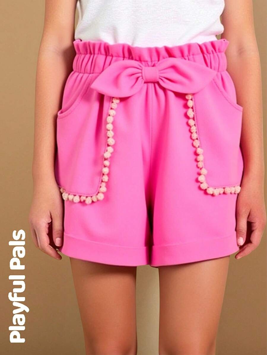 SHEIN Girls' Casual Polka Dot Print Floral Trim Ruffle Hem Elastic Waist Shorts With Pockets, Lightweight Cotton Blend Fabric, Adorable Design Lace - Pink - View 1