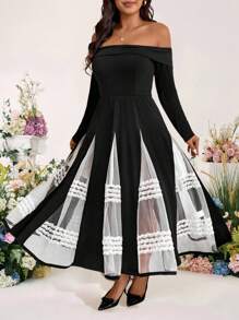 SHEIN LUNE Váy ren xếp ly hở vai thanh lịch cỡ lớn cho nữ - Nhiều màu - Xem 7