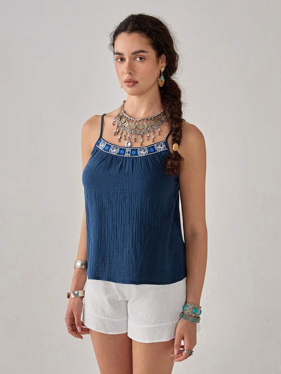 Florisole Casual Vacation Cute Spaghetti Strap Front V-Neck Embroidery Decor Women Camisole - Multicolor - View 1
