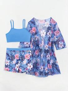 SHEIN Swim 3pcs/Set Women Springbreak Random Printed Cami Top & Shorts & Short Sleeve Jacket Beachwear Swimsuits For Summer Beach Vacation - Multicolor - View 6