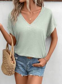 SHEIN Frenchy Vacation Casual Solid Color Batwing Sleeve T-Shirt Summer Green Christmas - Mint Green - View 6