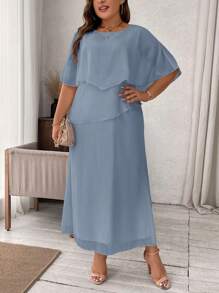 SHEIN Clasi Plus Size Short Sleeve Solid Color Mesh Dress, Minimalist & Fashionable - Baby Blue - View 1