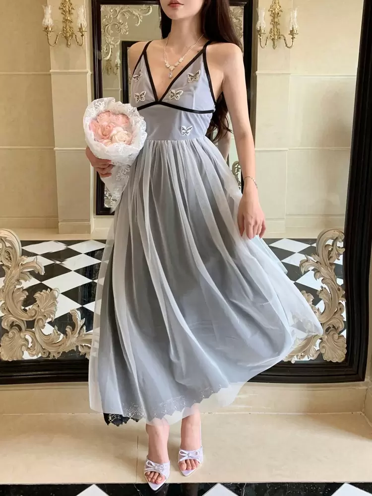 V-Neck Lace Contrast Mesh Swing Slip Dress With High-End Vibe Sundress, Casual Women Dress