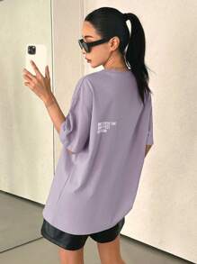 DAZY Slogan Graphic Drop Vai Tee CHERISH HIỆU QUẢ THỜI GIAN GIẤC MƠ - Màu Lilac Tím - Xem 7