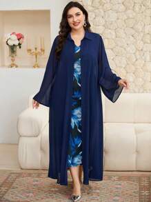 Al Najma Plus Size Women Floral Print Sleeveless Dress & Robe Set, Loose Abaya Style - Multicolor - View 7
