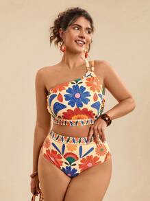 Travachic Plus Size Tropical Flower Print Beach Wear Swimwear 2pcs Set For Women, Asymmetric Neck & Hollow-Out Details, Casual For Summer Holiday Tank Tops