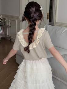 DAZY Tween Girl Round Neck Lace Patchwork Knitted Short Sleeve T-Shirt, Summer, Back To School - Grey - View 2