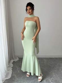 Elenzga Romantic & Elegant Scarf Collar Mermaid Dress - Green - View 6