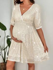 SHEIN 孕妇V领亮片短袖迷你连衣裙 - 杏色 - 查看 3