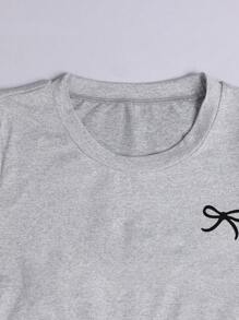 SHEIN Conjunto informal de 3 piezas para adolescentes que incluye camiseta con volantes en la cintura y estampado de moño