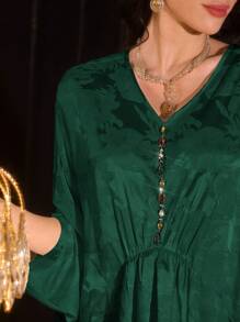 Al Najma 女式土耳其和阿拉伯风格花卉图案串珠褶皱腰长裙 - 墨綠色 - 查看 7