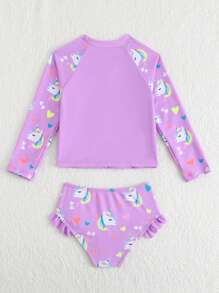 年轻女孩分体泳衣套装，带长袖上衣和高腰三角形下装，卡通印花