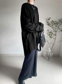 FRIFUL Women's Casual Solid Color Round Neck Dropped Shoulder Long Sleeve Side Slit Hem T-Shirt, Autumn - Black - View 3