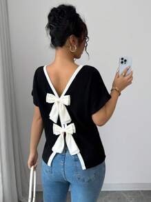 Elenzga Women's Round Neck Short Sleeve Casual T-Shirt With Bow Decor On Back