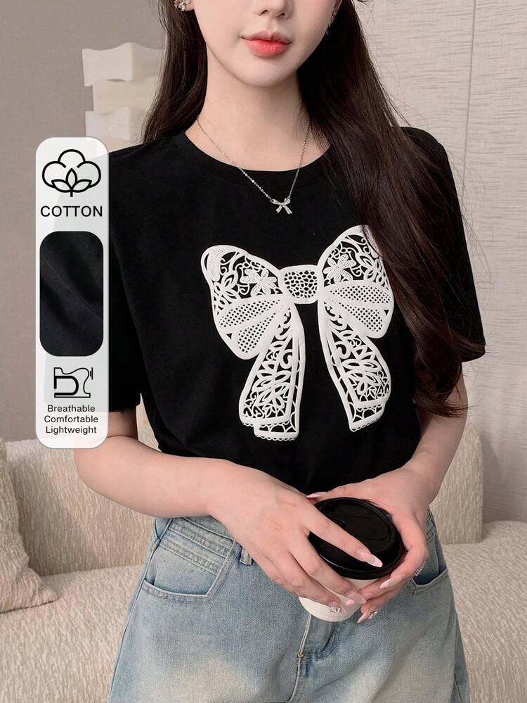 Women's Summer Butterfly Print Loose Short Sleeve T-Shirt With Bow Cute Tops,Teacher Outfits