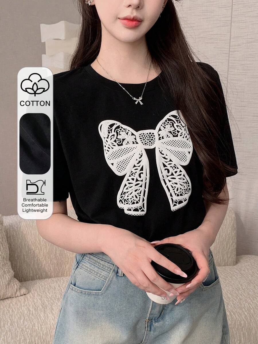 DAZY 女士夏季蝴蝶印花宽松短袖T恤带蝴蝶结可爱上衣、教师装