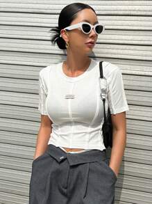 DAZY Letter Patched Detail Seam Detail Tee Preppy Tops - White - View 3