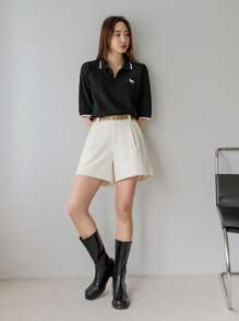 Dazy-Less Women Summer Colorblock Horse Embroidery Pattern Polo Neck T-Shirt Old Money Style Business Casual Woman Work Clothes