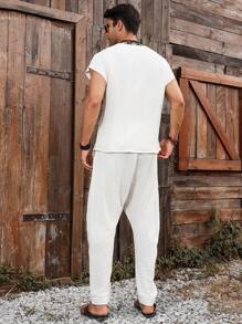 Genlund Conjunto de camisa y pantalones casuales con estampado geométrico de retazos para hombre - Beis - Ver 2