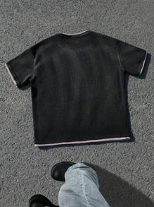 Manfinity Homme 男士休闲宽松字母图案圆领短袖T恤 - 黑色 - 查看 2