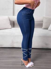SHEIN Essnce Quần Jeans Denim Ôm Vừa Cạp Cao Cho Nữ - Rửa tối - Xem 4