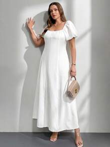 Firerie Falda A-line blanca con cuello cuadrado, extra larga y con forro para mujer de talla grande, elegante y romántica para la temporada de bodas