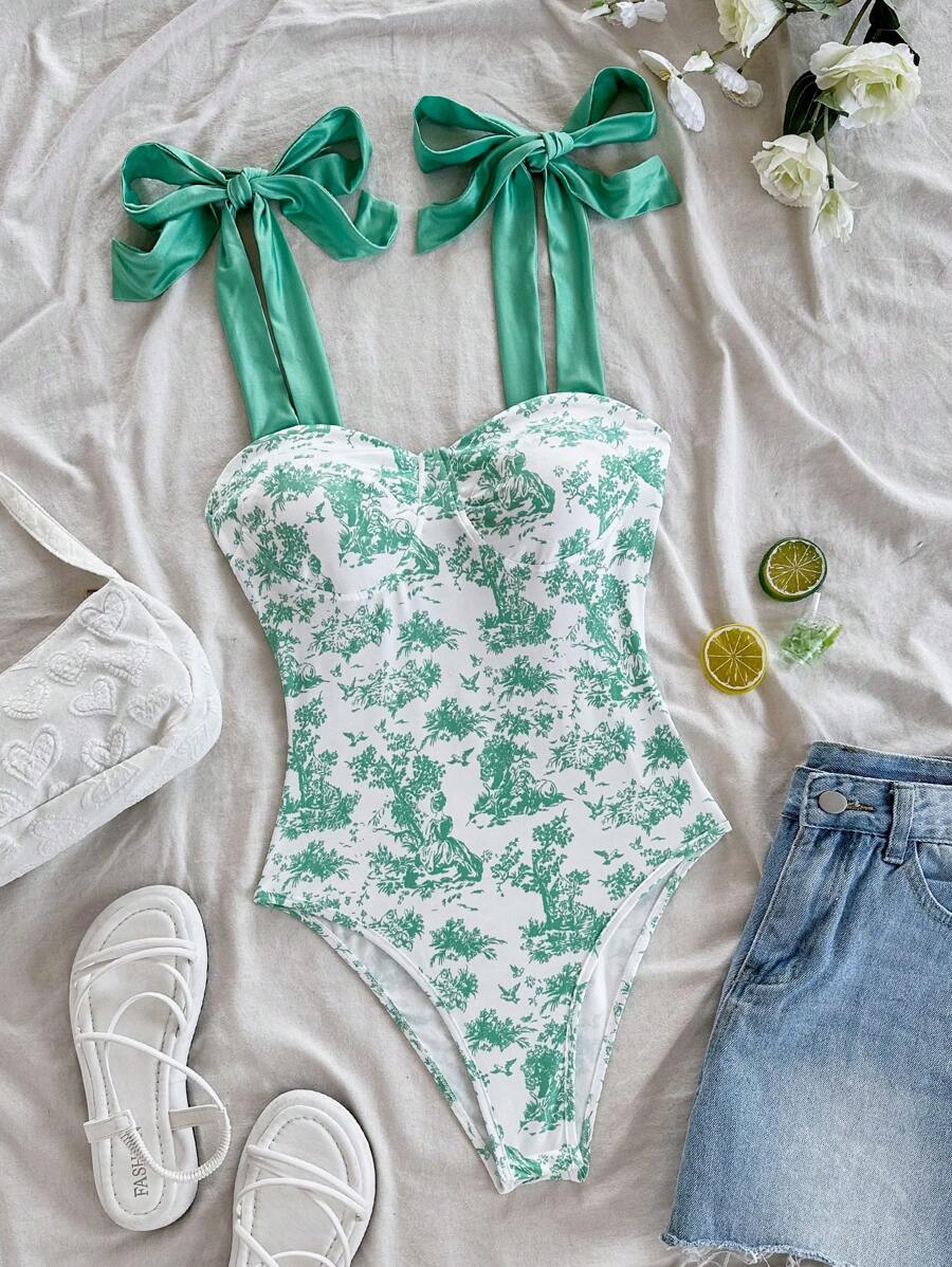 Soleia Women's Vacation Beachside Plant Print Casual Bodysuit - Green - View 1