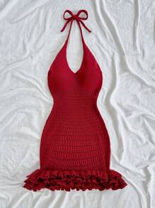 Soleia Vacation Backless Ruffled Halter Sweater Dress - Red - View 3