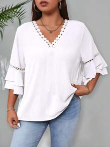 EMERY ROSE Plus Size Women's Solid Color V-Neck Long Sleeve Blouse, Minimalist & Stylish - White - View 1