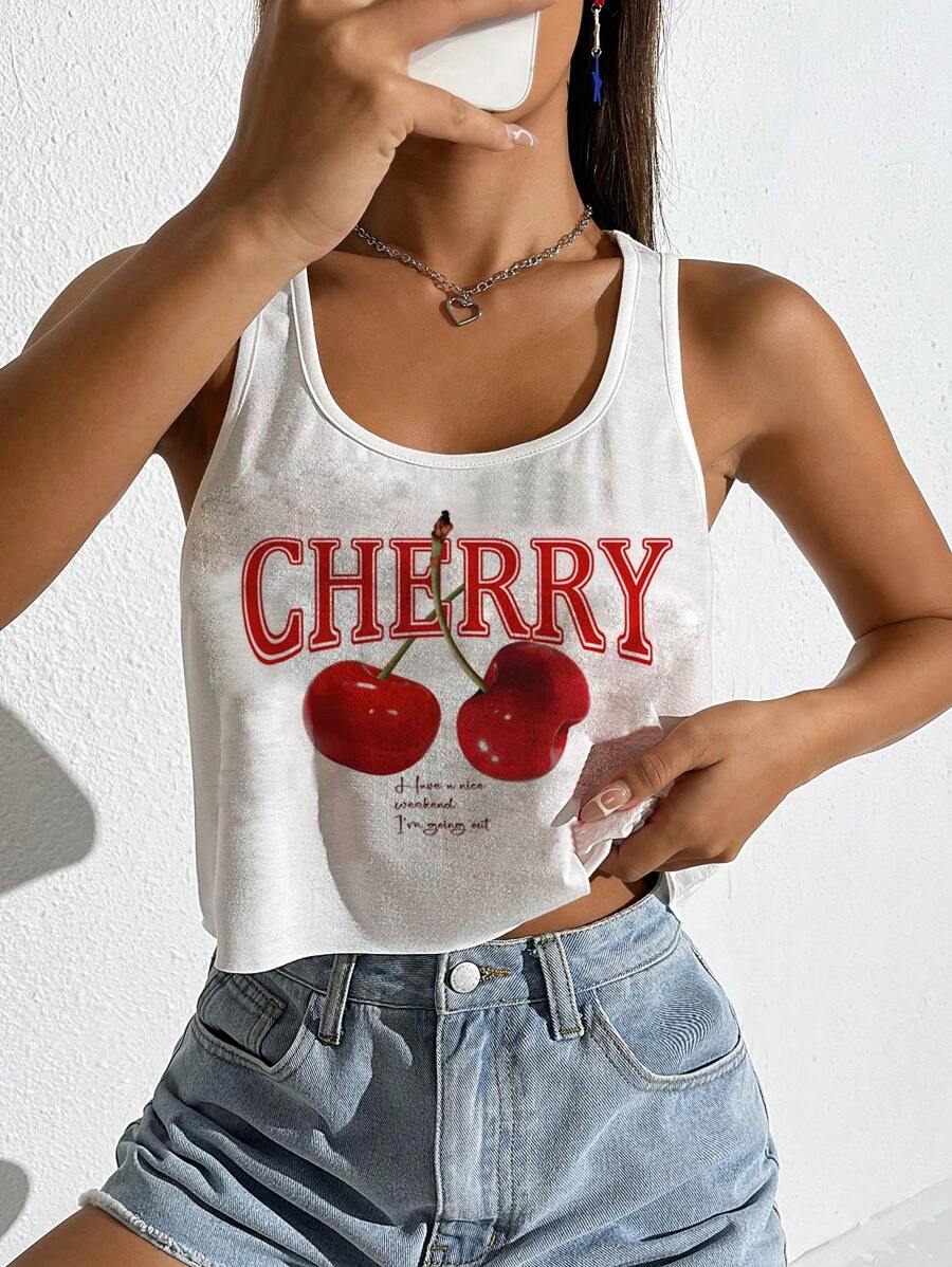 Attitoon Women's Casual Loose U-Neck Cherry Print Cropped Tank Top - White - View 1