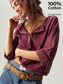 Bohemela Casual Solid Color Knitted Half-Open Collar Loose Washed Plus Size T-Shirt,Vintage - Burgundy - View 1