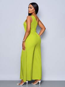 SOLERSUN 女士春夏时尚日常单肩无袖开衩阔腿连体裤 - 綠色 - 查看 2
