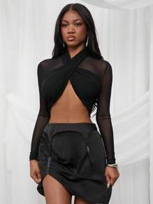NYA SZN 春季网纱交叉领长袖节日夏季露脐度假办公室性感学院风休闲装女款 - 黑色 - 查看 7